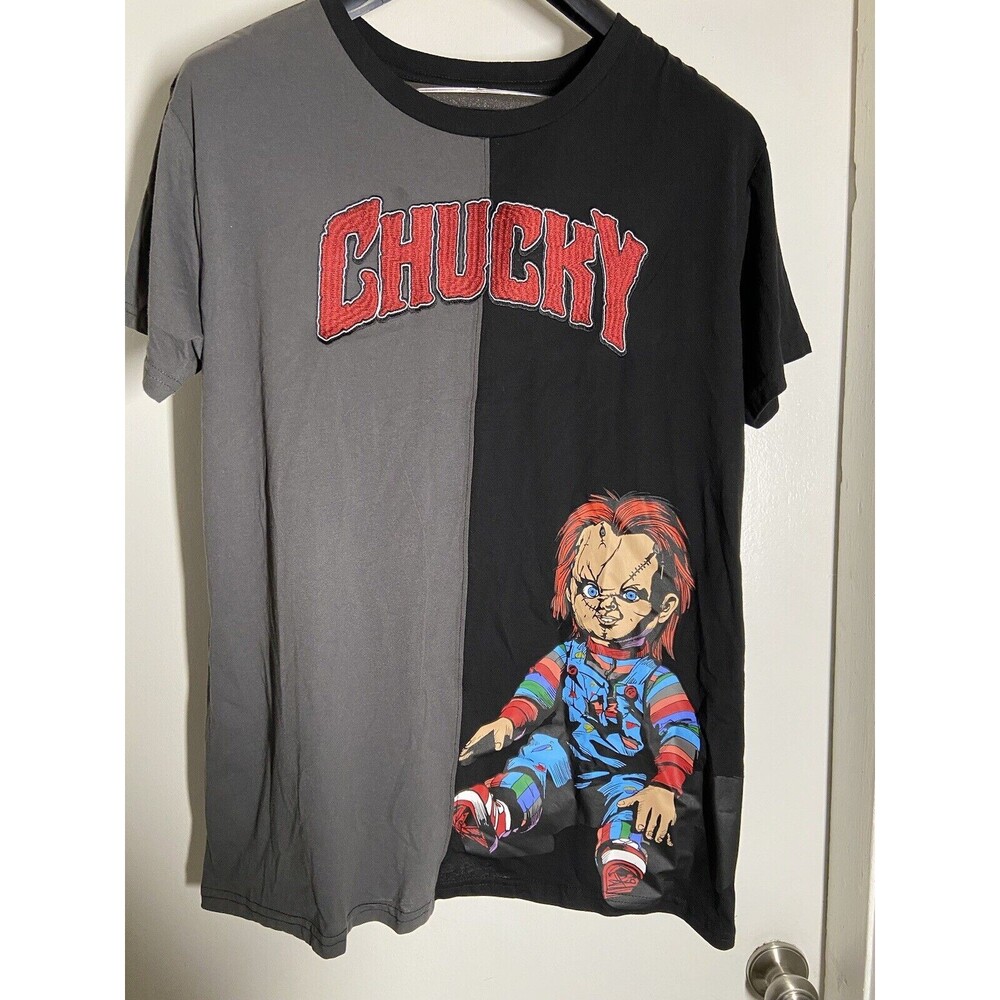 CHUCKY CHILDS PLAY Shirt Adult XL Embroidered Letters Half Gray/BLK Print Horror